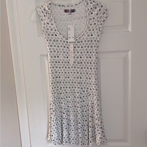 NWT Urban Outfitters Women’s Viscose Mini Dress (White with Blue Designs, Small)